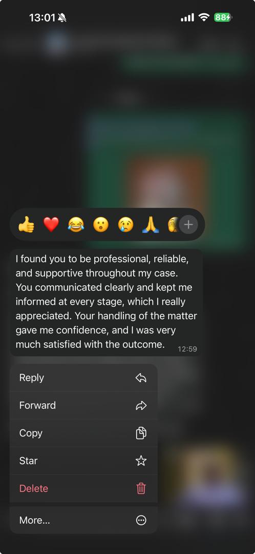 Client Testimonial from WhatsApp